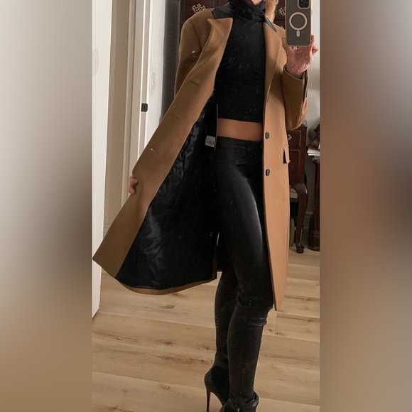 The Kooples LEATHER COLLAR CAMEL BELTED LONG WOOL COAT - size small in men’s - Picture 5 of 16